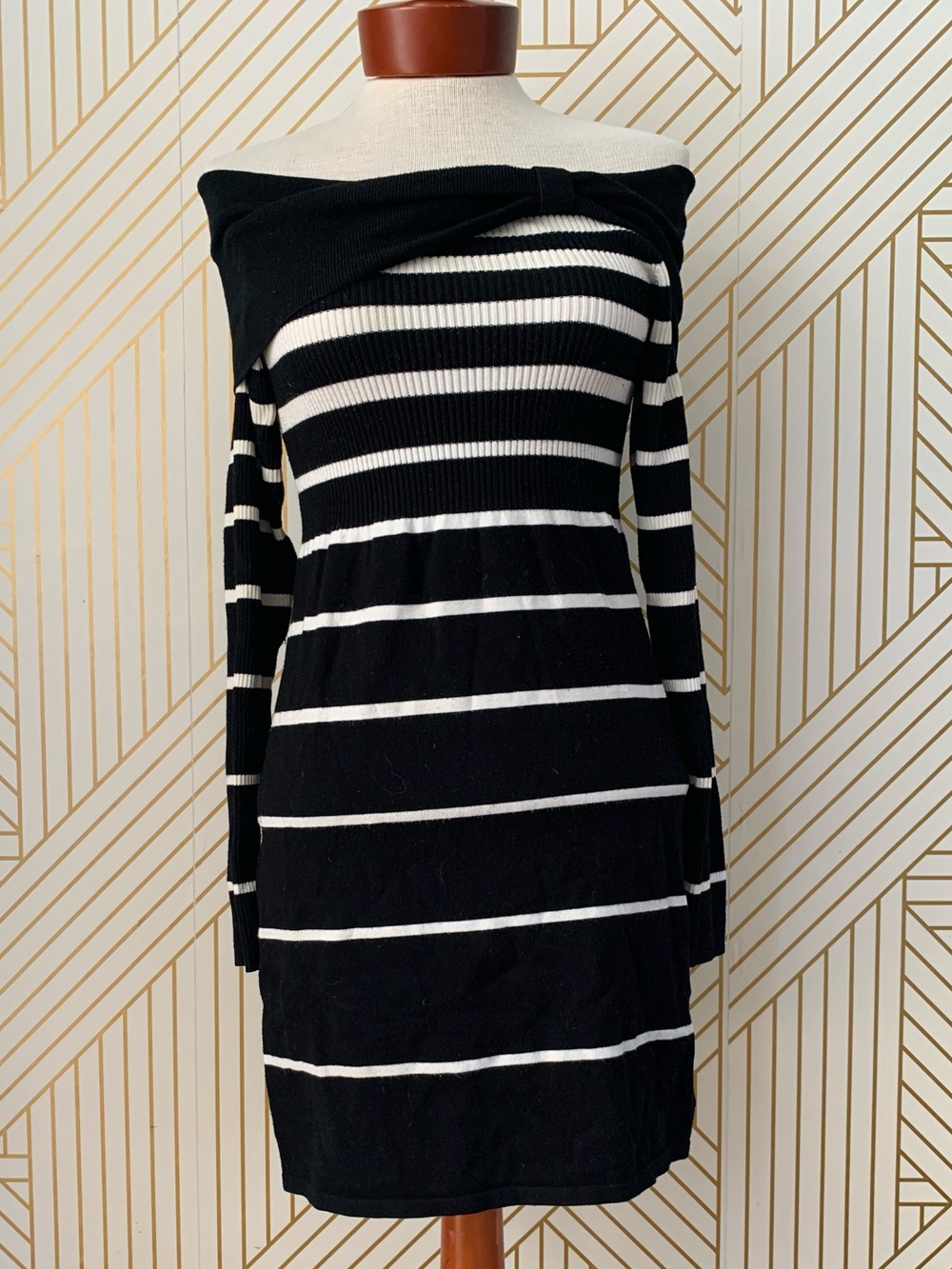 WHBM off the shoulder ribbed knit bow striped sweater dress feminine romantic XS